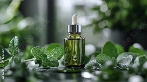 Obraz Red glass dropper bottle with silver lid, eucalyptus shadow, soft light, clean orange background. Minimalist elegance in natural simplicity