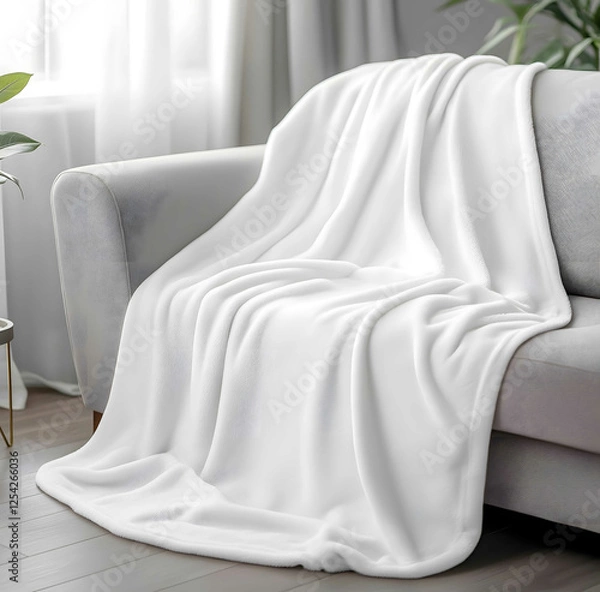 Obraz White Fleece Blanket Throw30 x 48inch soft white smooth thin velveteen plush blanket sitting on top of and over the back of the couch with the arms outstretche