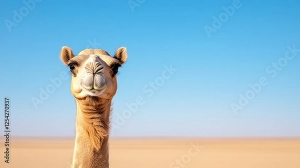 Fototapeta A close-up of a smiling camel in a vast desert landscape under a clear blue sky