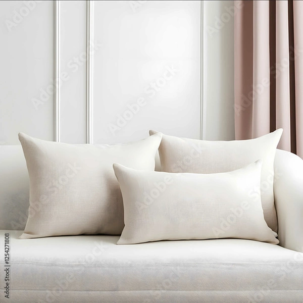 Fototapeta Two rectangular pillows are placed on the sofa Pillow made of linen material Pink curtains with a simple cream colored background and a white sofaWarm atmosphe