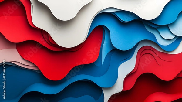 Fototapeta Abstract Red, White, and Blue Layered Paper Wave Design