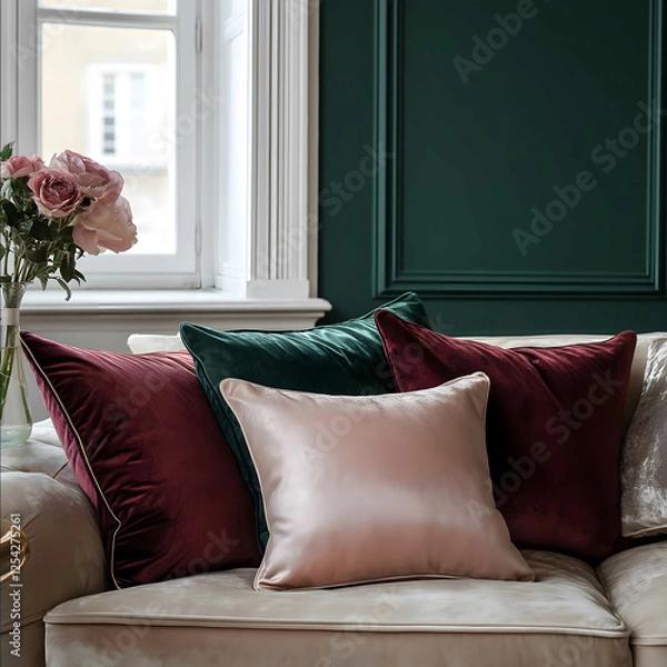 Obraz Life style brand cozy and posh clothing home decor products burgundy and blush pink with hints of emerald green and gold luxury Modern high end