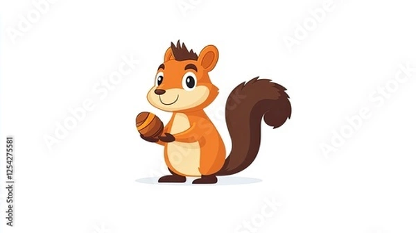 Fototapeta Cute cartoon squirrel holding an acorn, set against a simple white background, ideal for children's content