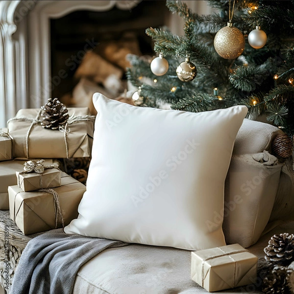 Obraz a white square cushion against vintage christmas setting