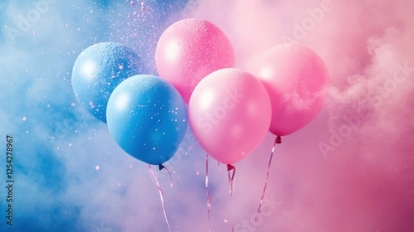 Fototapeta Colorful Balloons in Blue and Pink with Glitter and Smoke for Celebrations and Festive Occasions