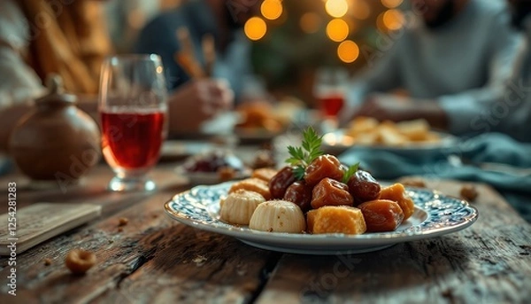 Fototapeta A Cozy Gathering Around a Festive Table Filled with Delicious Dishes and Friends Enjoying Each Other's Company