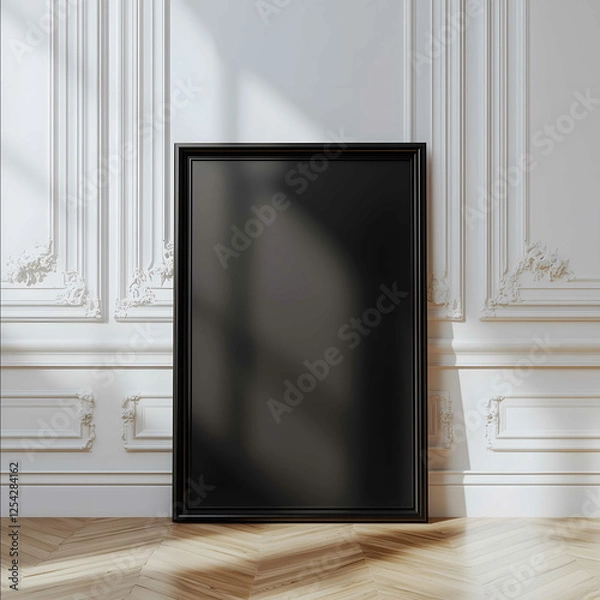 Obraz A large black poster stands on the parquet floor in an empty white room with classical Greekstyle walls The poster is made of a matte wooden frame in an A4 form