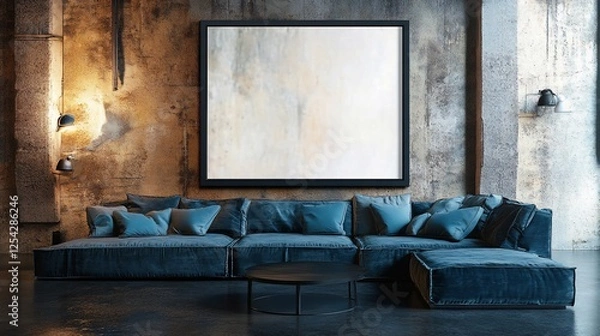 Fototapeta Loft apartment, sectional sofa, large artwork, industrial interior, design mockup