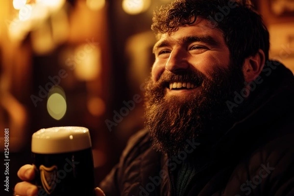 Obraz Happy Man Enjoying a Pint of Guinness in a Cozy Pub