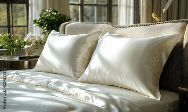 Obraz White solid color silk pillowcases and silk duvet cover set