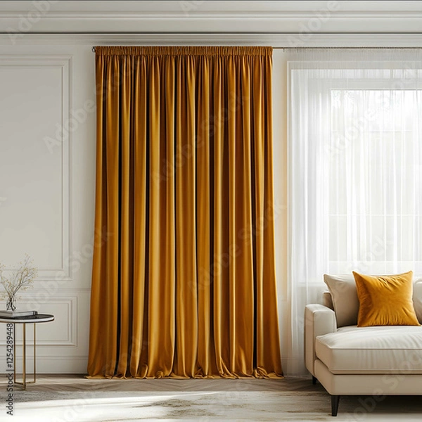 Obraz gold velvet curtains in white room for an online store of curtains advertising photos
