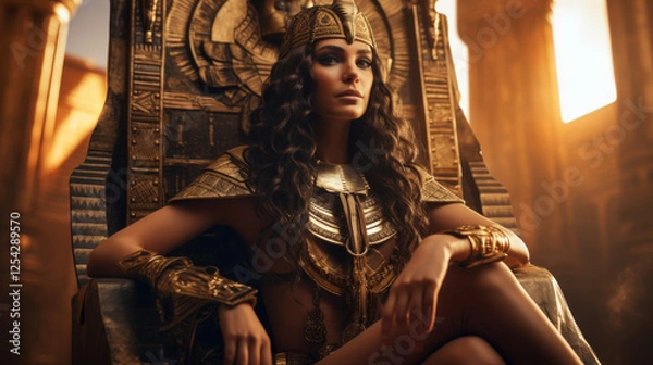 Fototapeta Ancient Egyptian queen sitting on a golden throne adorned with intricate jewelry and royal attire illuminated by warm golden light in a cinematic and majestic setting  
