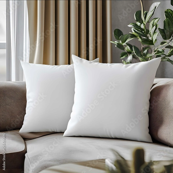 Obraz White square throw pillow mockup set of two on a couch in a square shape