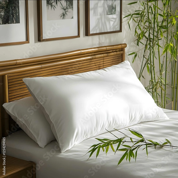 Obraz one oversized white pillow Beside the pillow are some bamboo leaves on the bed Super closeup show a sense of nature Thick and fluffy Clean White background wit