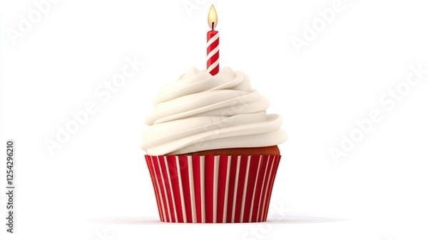 Fototapeta A beautifully decorated cupcake with a single candle on top, set against a plain background