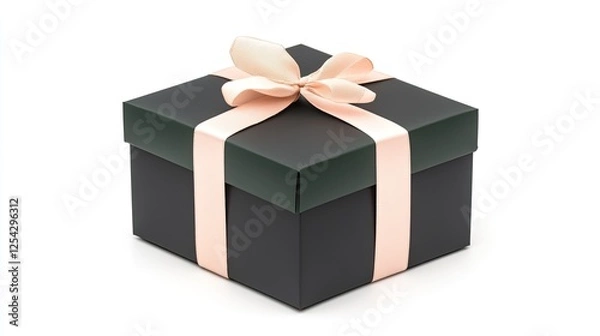 Obraz Elegant black gift box with a soft pink ribbon, set against a plain white background