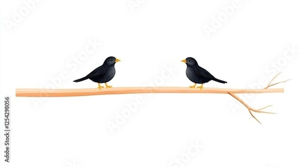 Fototapeta Two black birds perched on a branch, set against a minimalist white background, showcasing nature