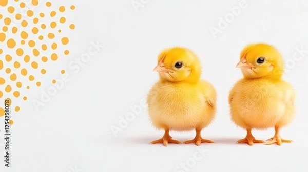 Fototapeta Two fluffy yellow chicks standing side by side against a white background with a dotted design