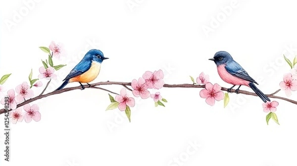 Fototapeta Two colorful birds perched on a branch surrounded by blooming pink flowers in a serene setting