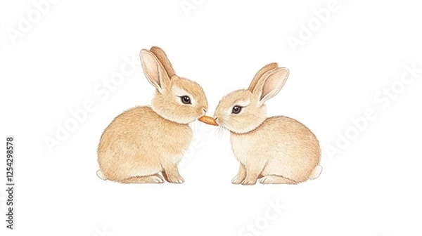 Fototapeta Two adorable rabbits sharing a carrot in a serene, white background setting