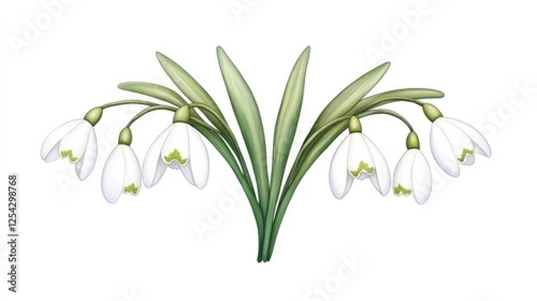 Fototapeta A cluster of delicate snowdrop flowers with green leaves, set against a clean white background