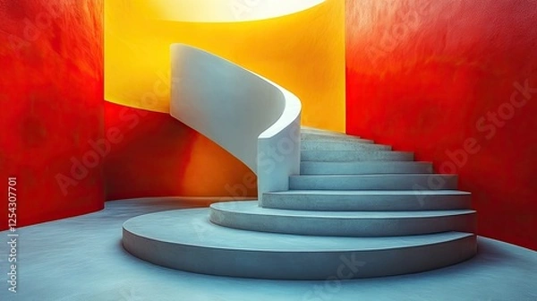 Fototapeta Elegant spiral staircase in a vibrant red and yellow interior, showcasing modern architecture