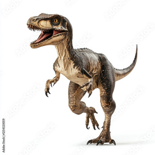 Fototapeta Dynamic illustration of a velociraptor running against a white background. Perfect for dinosaur-themed designs, educational materials, and creative projects. Detailed and energetic artwork.