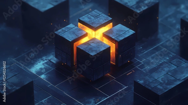 Fototapeta Sci-Fi Scene: Four Black Cubes Orbiting a Glowing Yellow Core
