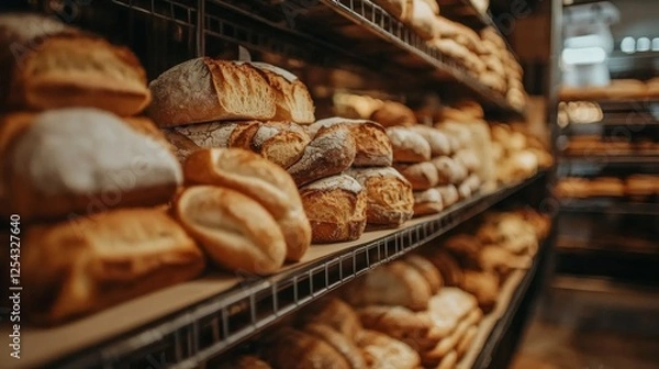 Fototapeta Bakery shop with assortment of bread on shelves. High quality photo