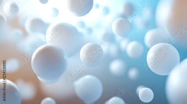 Fototapeta Floating white spheres in soft blue and orange gradient background