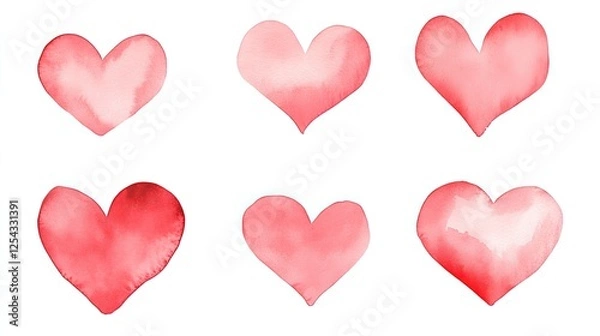 Fototapeta Collection of six watercolor hearts in various shades of red on a white background, ideal for design