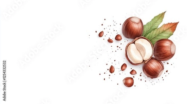 Fototapeta A detailed illustration of hazelnuts with leaves and scattered shells on a white background