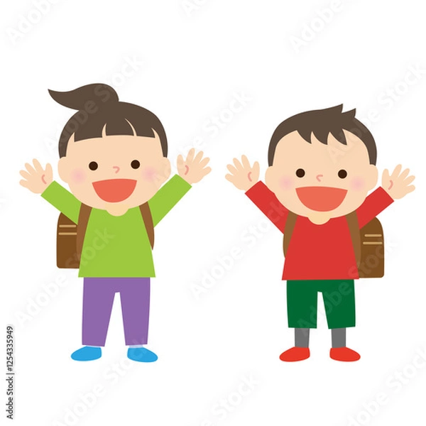 Fototapeta 茶色のランドセルを背負った男女の子供達