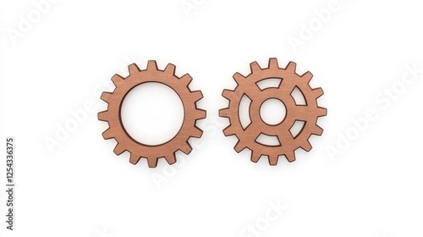 Fototapeta Two interlocking copper gears on a white background, symbolizing mechanics and engineering concepts