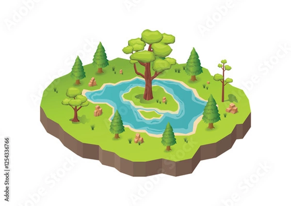 Fototapeta isometric beautiful natural island with lake