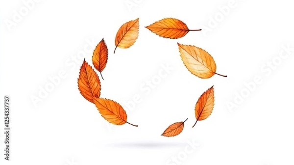 Fototapeta Circular arrangement of autumn leaves on a white background, showcasing seasonal change