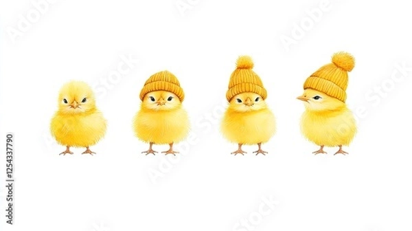 Fototapeta Four adorable yellow chicks wearing knitted hats, showcasing cuteness and charm in a playful setting