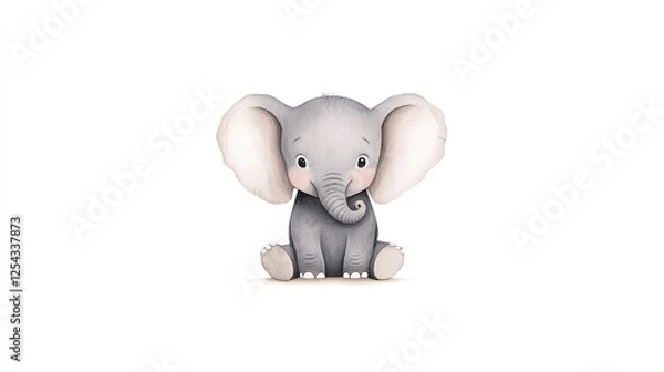 Fototapeta Cute cartoon elephant sitting with a playful expression in a minimalist setting