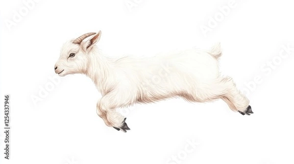 Fototapeta Playful white goat leaping joyfully in a bright, clean environment, showcasing its agility