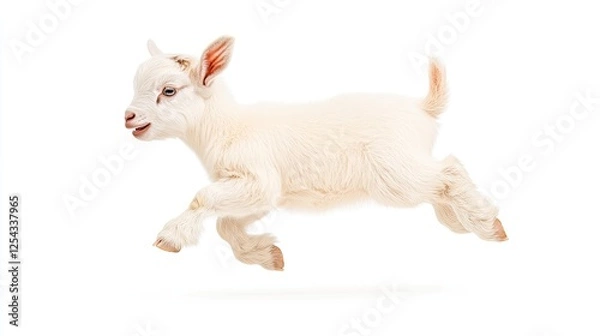 Fototapeta Playful white goat jumping joyfully in a bright, minimalist setting, symbolizing freedom and vitality