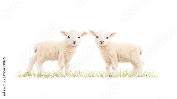 Fototapeta Two adorable lambs standing on green grass, set against a plain white background