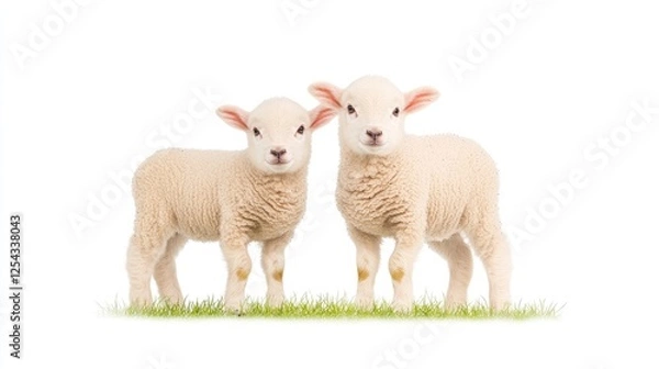 Fototapeta Two adorable lambs standing on green grass, showcasing their fluffy wool in a bright setting