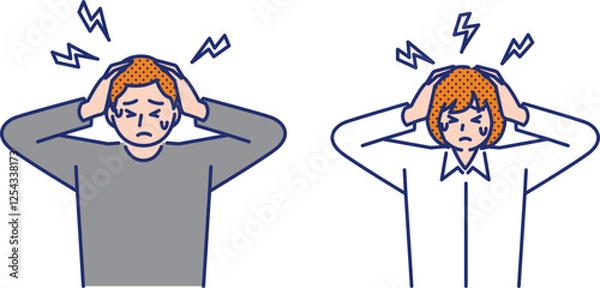 Obraz 頭痛で頭を抱える男性と女性のイラスト