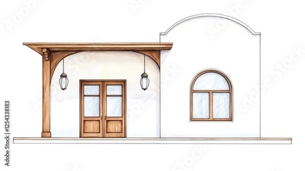 Fototapeta Architectural illustration of a charming building facade with wooden elements and windows