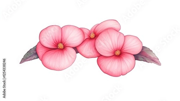 Fototapeta Delicate pink begonias arranged elegantly with soft petals and green leaves on a white background