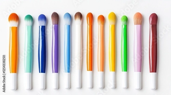 Fototapeta A vibrant array of makeup brushes arranged in a colorful line on a clean background