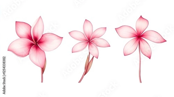 Fototapeta Three elegantly designed pink flowers showcasing unique shapes and delicate petals on a white background