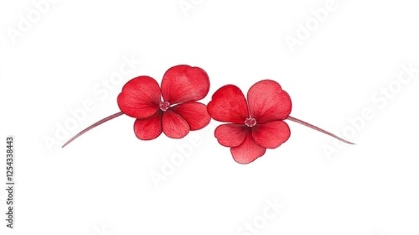 Fototapeta Two vibrant red flowers with delicate petals arranged symmetrically on a white background