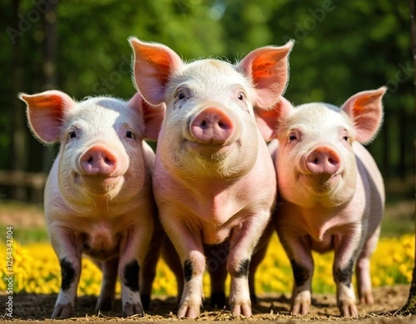 Fototapeta Three smiling pigs.