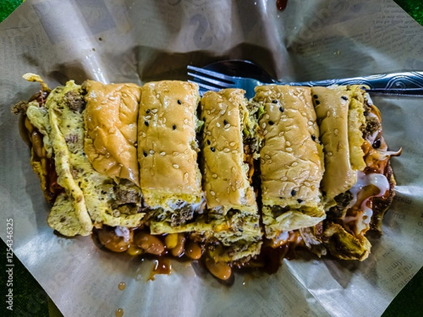 Fototapeta Roti John with original popcorn chicken mozzarella cheese on a white background.
